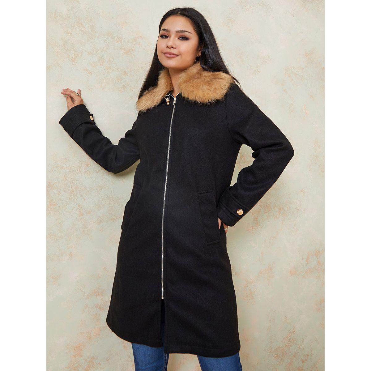 Styli Faux Fur Collar Longline Wool Like Coat with Front Zip-women-winterwear-coatsandjackets-coats-image-3