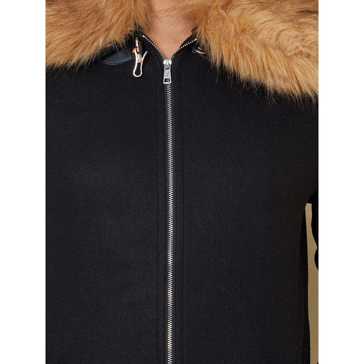 Styli Faux Fur Collar Longline Wool Like Coat with Front Zip-women-winterwear-coatsandjackets-coats-image-4
