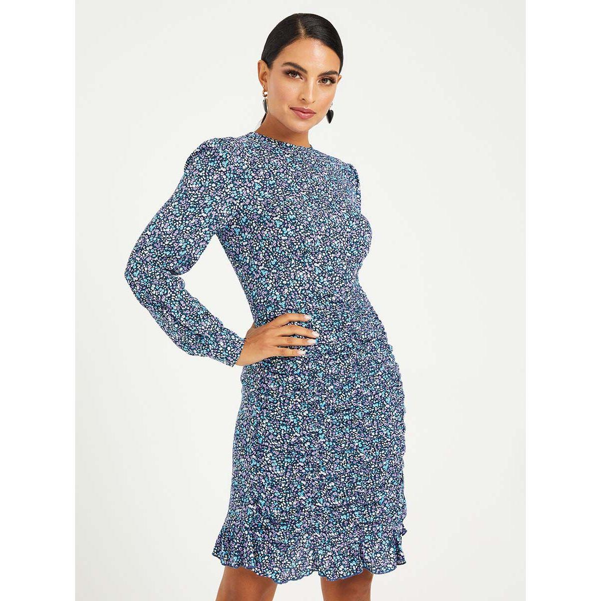 Styli Long Sleeves Ditsy Print Round Neck Sheath Mini Dress-women-clothing-dresses-image-2