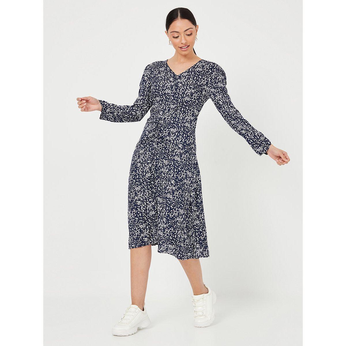 Styli Long Sleeves Ditsy Print V Neck Woven A-Line Midi Dress-women-clothing-dresses-image-1