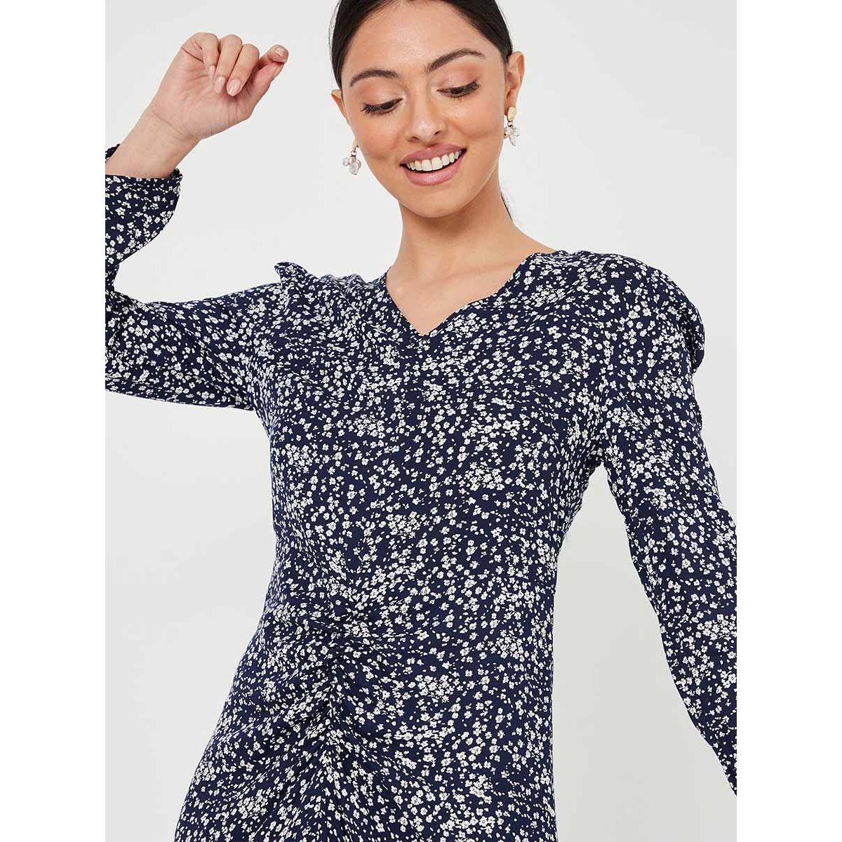Styli Long Sleeves Ditsy Print V Neck Woven A-Line Midi Dress-women-clothing-dresses-image-2
