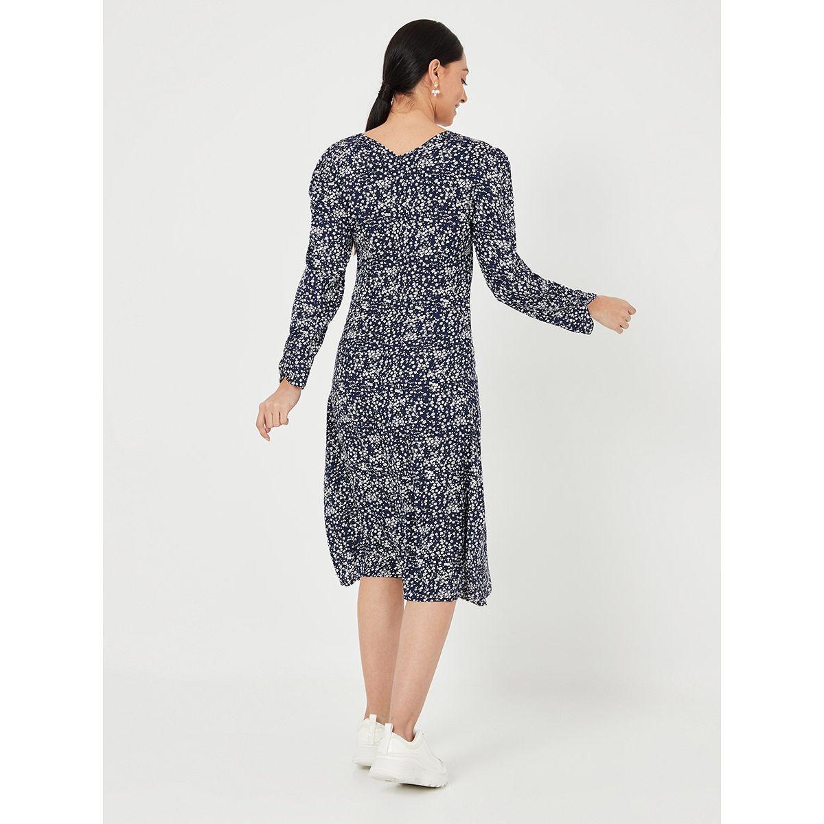Styli Long Sleeves Ditsy Print V Neck Woven A-Line Midi Dress-women-clothing-dresses-image-4
