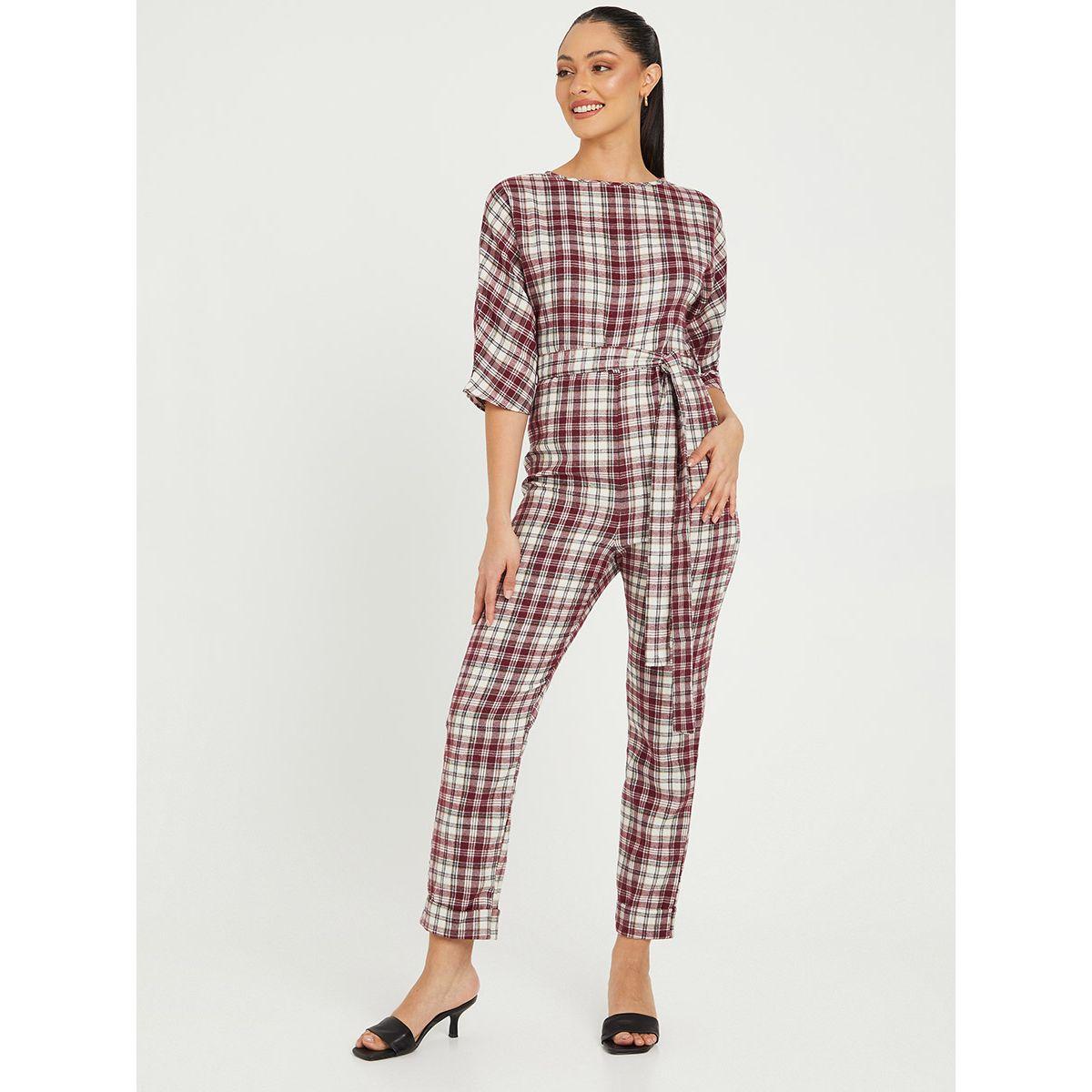 Styli 3/4 Sleeves Checked Tapered Leg Jumpsuit with Self Tie-women-clothing-jumpsuits-image-1