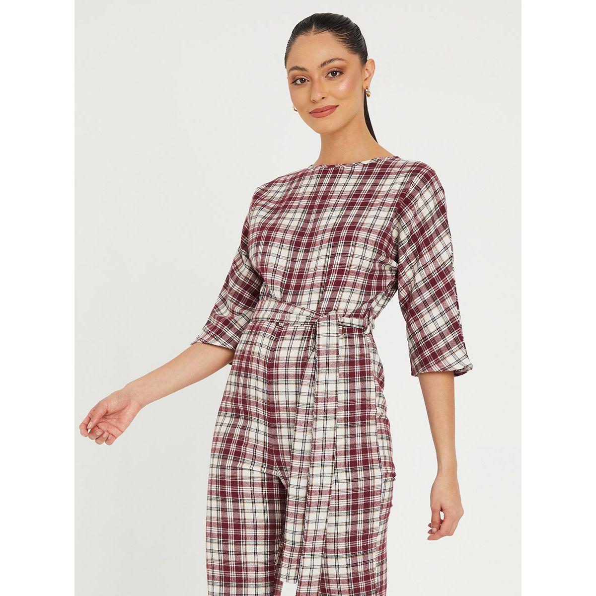 Styli 3/4 Sleeves Checked Tapered Leg Jumpsuit with Self Tie-women-clothing-jumpsuits-image-2