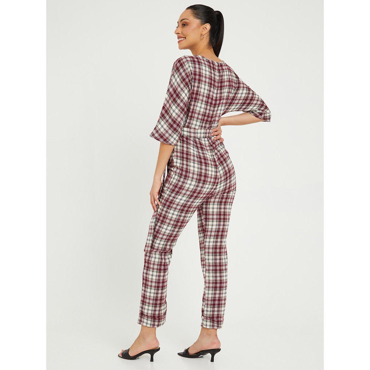 Styli 3/4 Sleeves Checked Tapered Leg Jumpsuit with Self Tie-women-clothing-jumpsuits-image-4