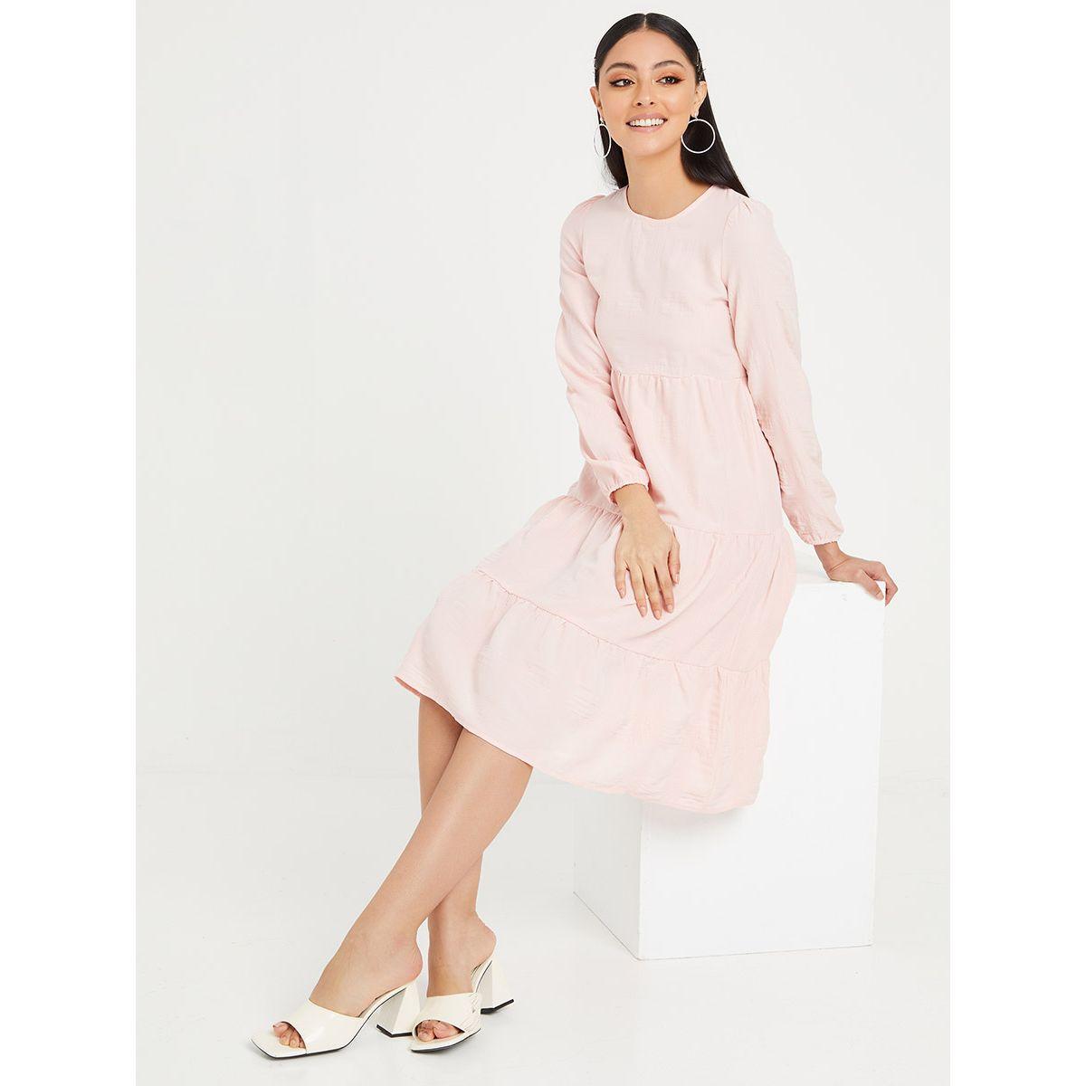 Styli Long Sleeves Round Neck Tiered Knee Length Dress-women-clothing-dresses-image-1
