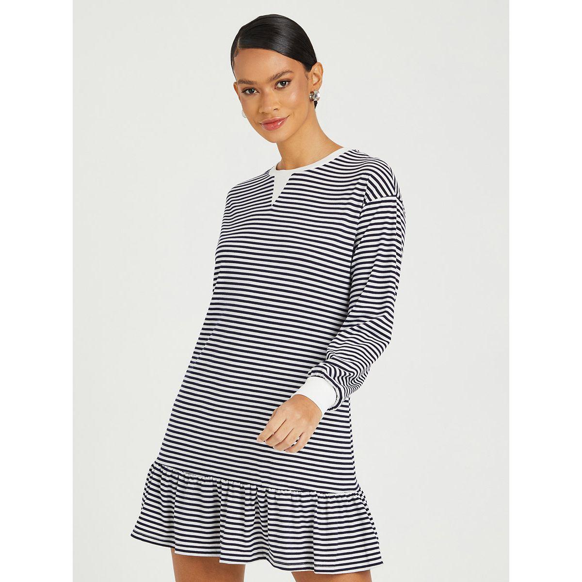 Styli Cuffed Sleeves Striped Round Neck Shift Mini Dress-women-clothing-dresses-image-1
