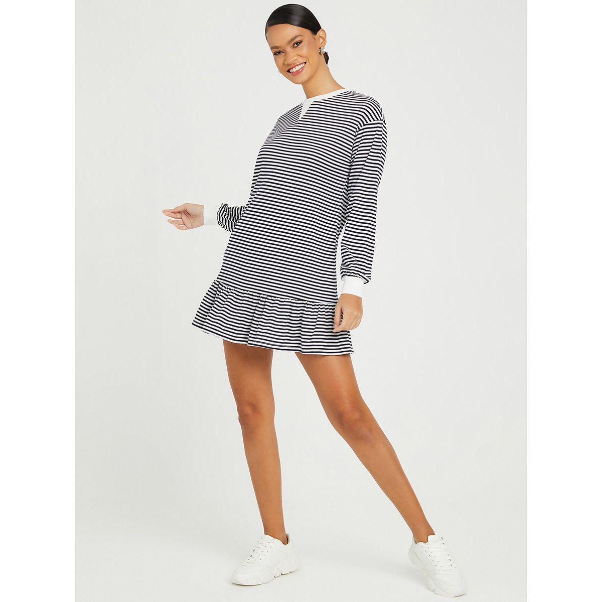 Styli Cuffed Sleeves Striped Round Neck Shift Mini Dress-women-clothing-dresses-image-2