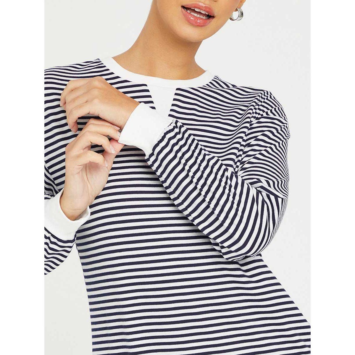 Styli Cuffed Sleeves Striped Round Neck Shift Mini Dress-women-clothing-dresses-image-3