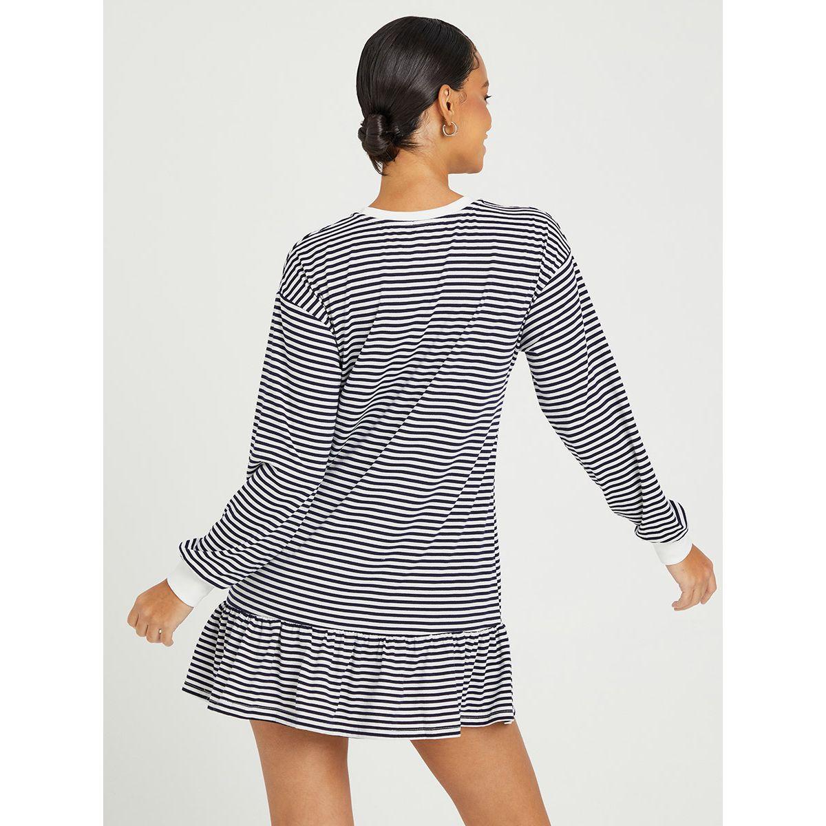 Styli Cuffed Sleeves Striped Round Neck Shift Mini Dress-women-clothing-dresses-image-4