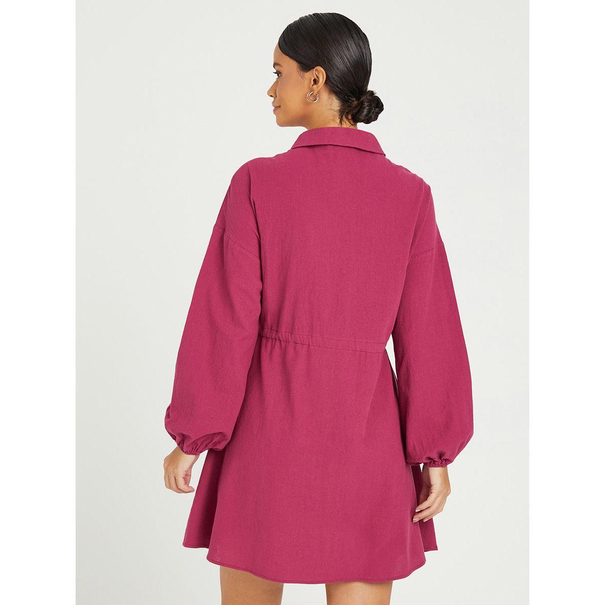 Styli Balloon Sleeves Button Through Shirt Mini Dress with Drawstring Waist-women-clothing-dresses-image-4
