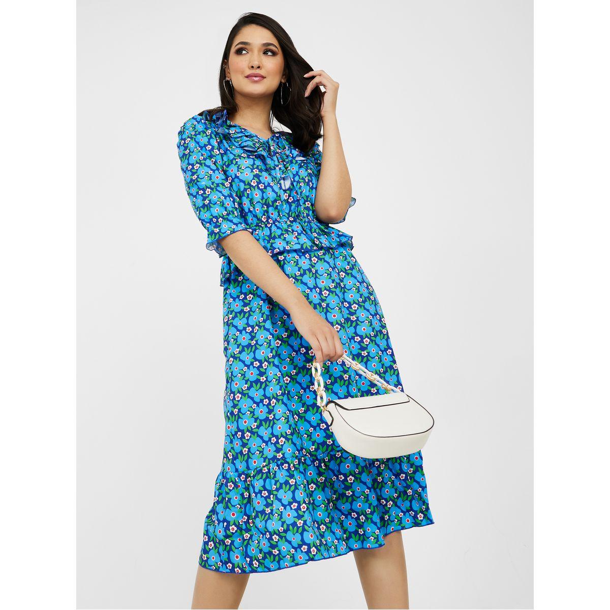 Styli 3/4 Sleeves AOP A-Line Midi Dress with Ruffle Detail-women-clothing-dresses-image-1