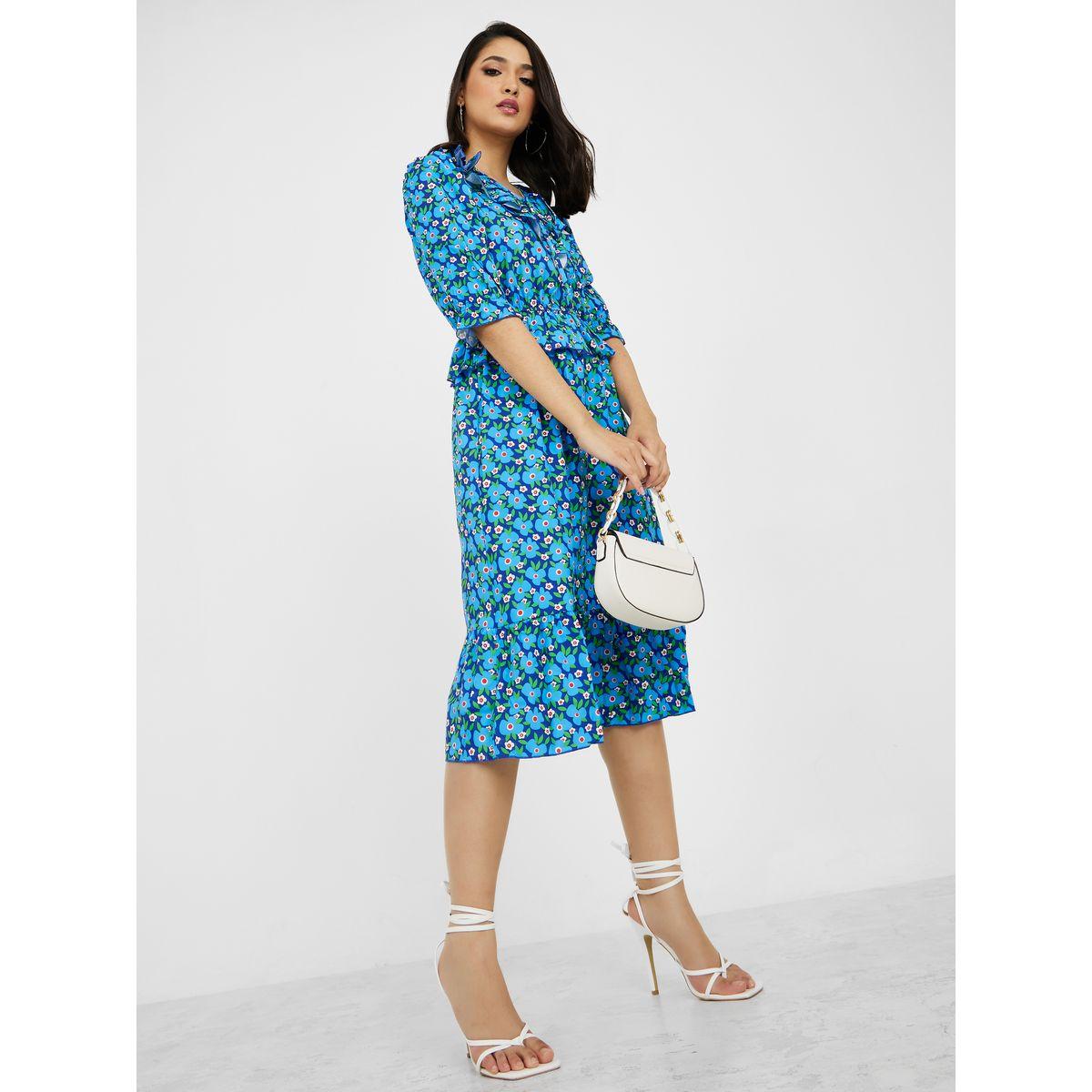 Styli 3/4 Sleeves AOP A-Line Midi Dress with Ruffle Detail-women-clothing-dresses-image-2