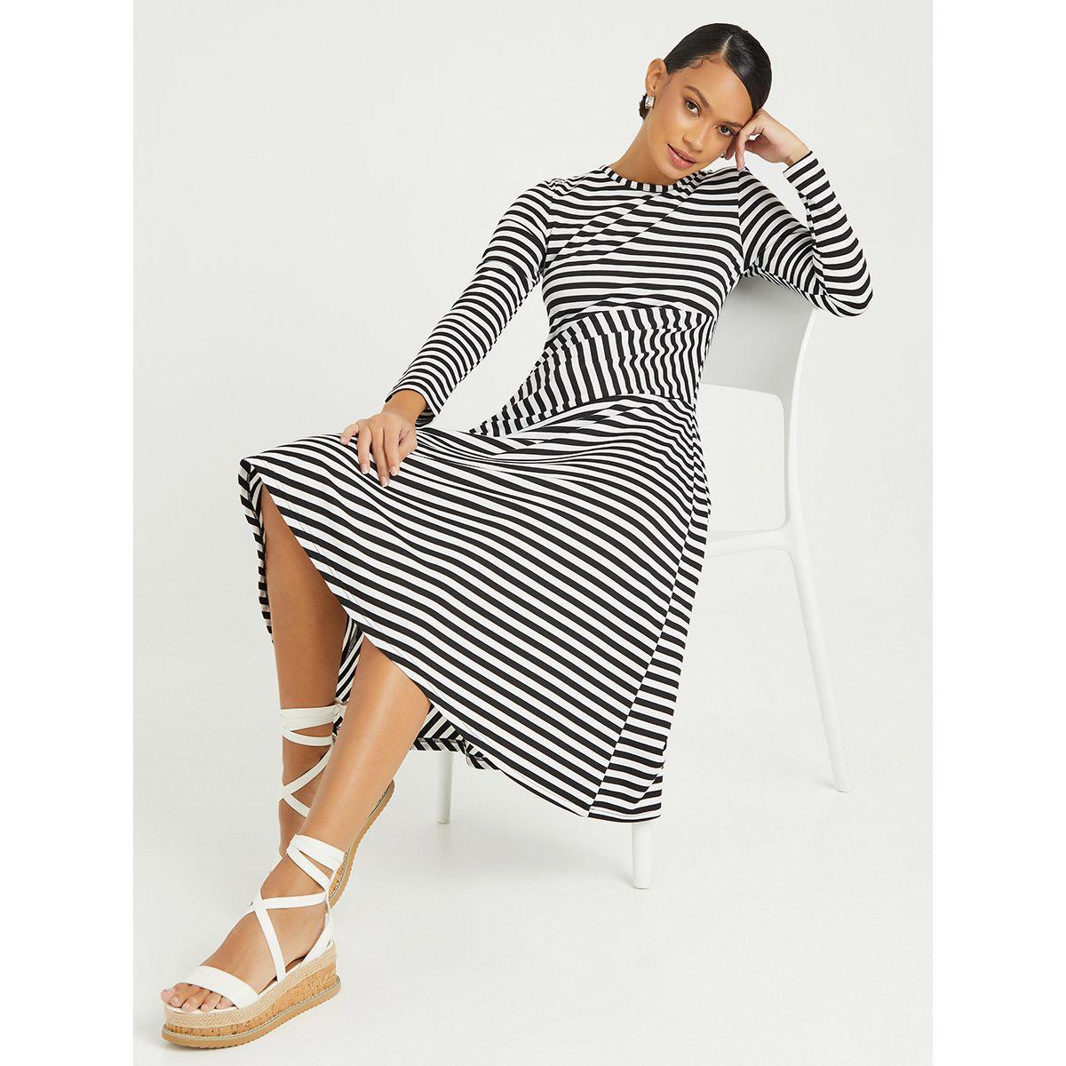 Styli Long Sleeves Striped Round Neck Skater Midi Dress-women-clothing-dresses-image-1