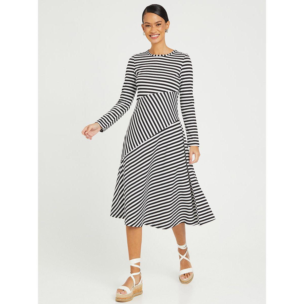 Styli Long Sleeves Striped Round Neck Skater Midi Dress-women-clothing-dresses-image-2
