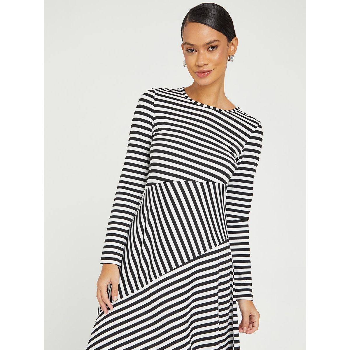 Styli Long Sleeves Striped Round Neck Skater Midi Dress-women-clothing-dresses-image-3