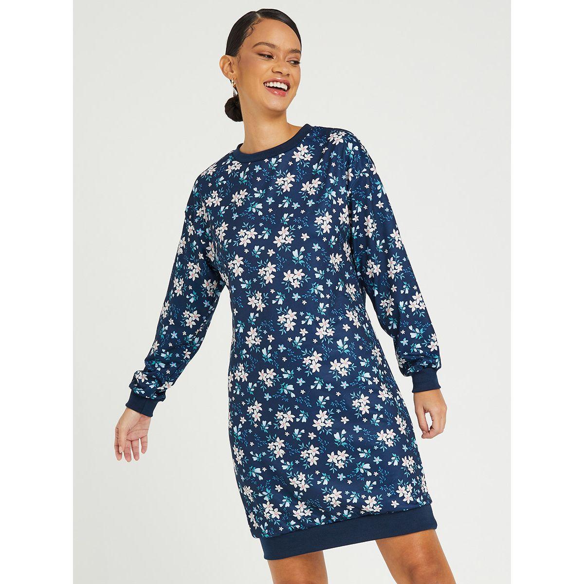 Styli Cuffed Sleeves Floral Print Round Neck T-shirt Mini Dress-women-clothing-dresses-image-2