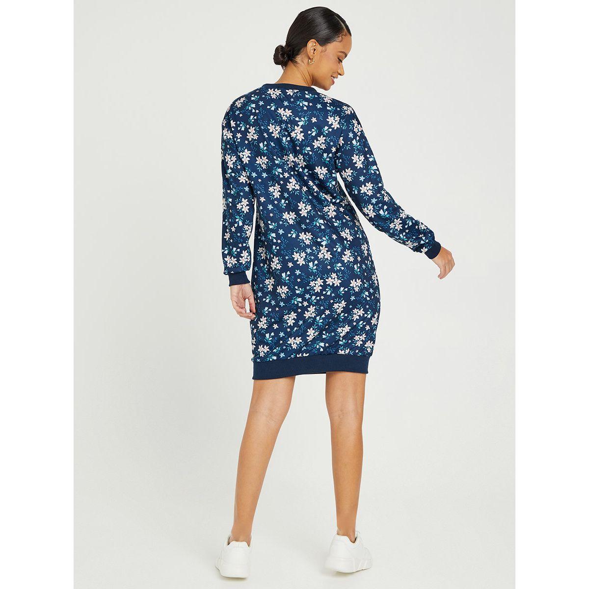 Styli Cuffed Sleeves Floral Print Round Neck T-shirt Mini Dress-women-clothing-dresses-image-4