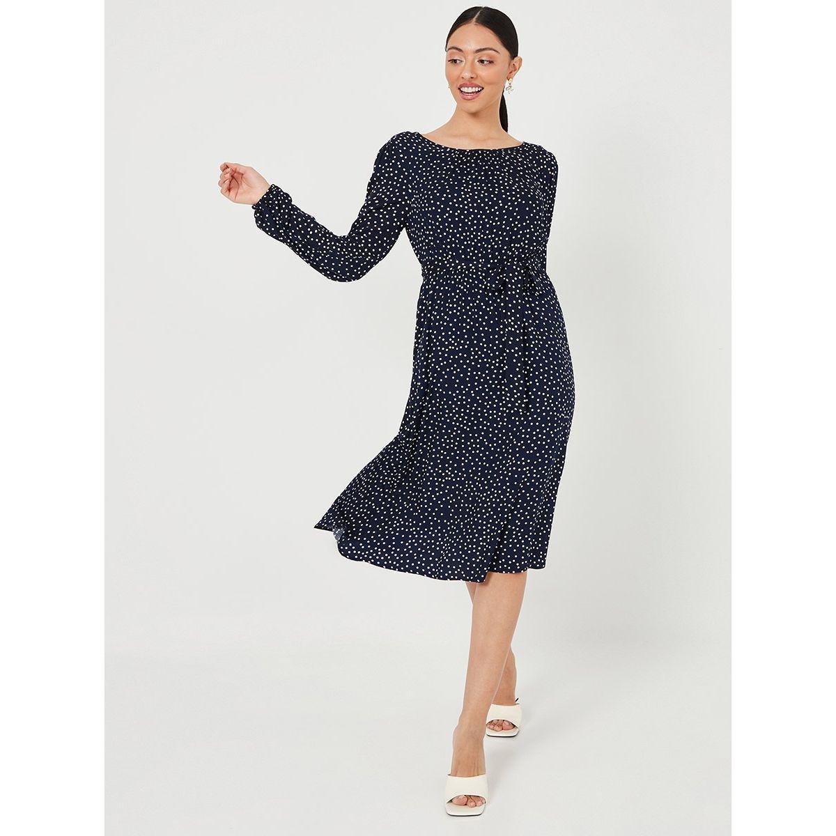 Buy Styli Long Sleeves Polka Dot Boat Neck Woven A-Line Midi Dress Online |  Centrepoint UAE