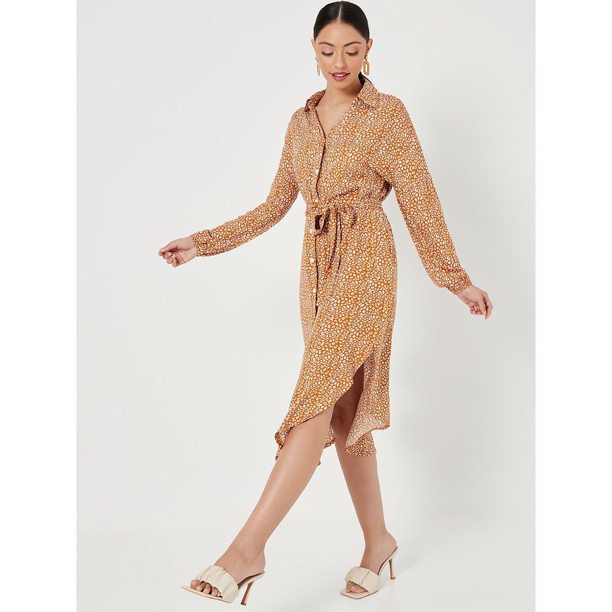 Styli Long Sleeves Ditsy Print Tunic Midi Dress with Belt Tie Up-women-clothing-dresses-image-5