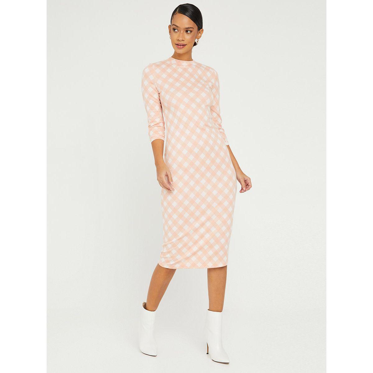 Styli 3/4 Sleeves High Neck Checked Bodycon Midi Dress-women-clothing-dresses-image-1