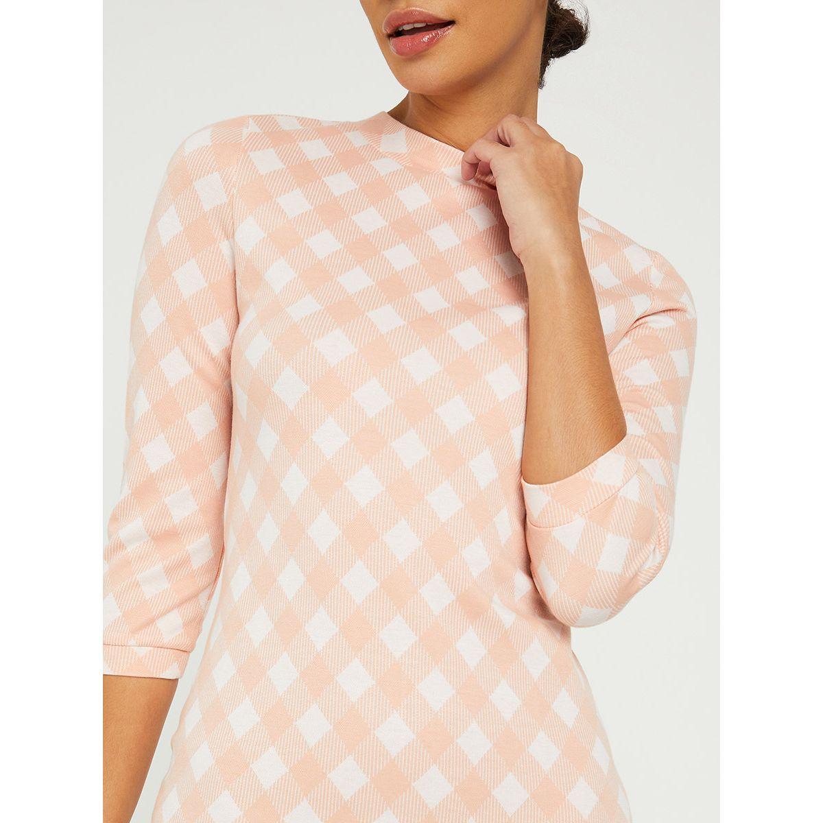 Styli 3/4 Sleeves High Neck Checked Bodycon Midi Dress-women-clothing-dresses-image-4