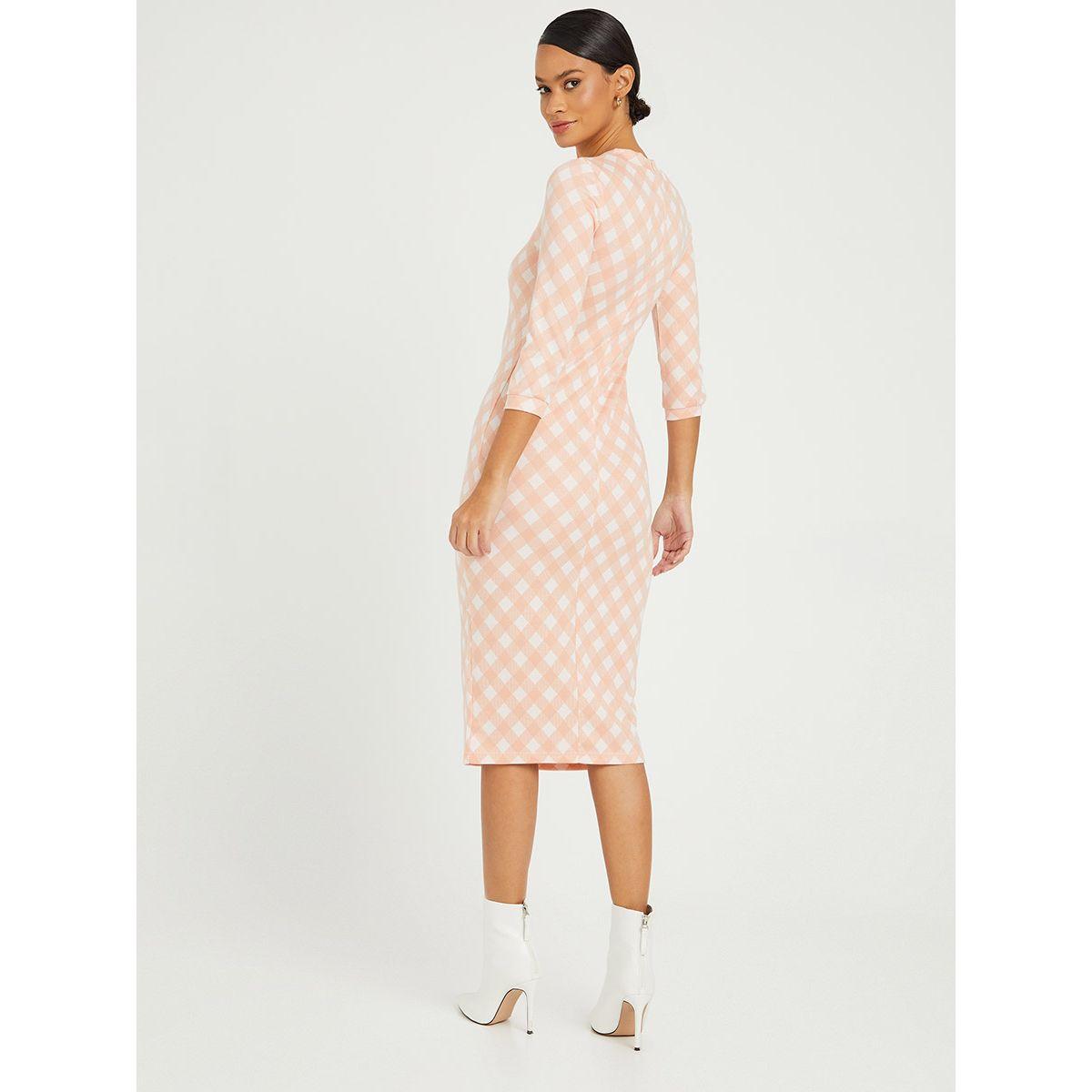 Styli 3/4 Sleeves High Neck Checked Bodycon Midi Dress-women-clothing-dresses-image-5