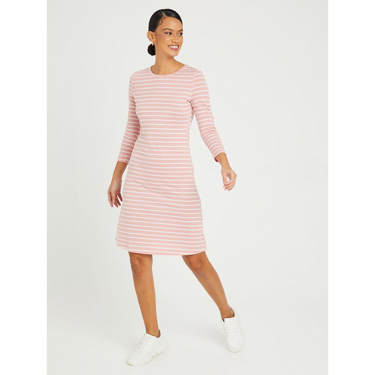 Styli 3/4 Sleeves Striped Round Neck T-shirt Knee Length Dress-women-clothing-dresses-image-1