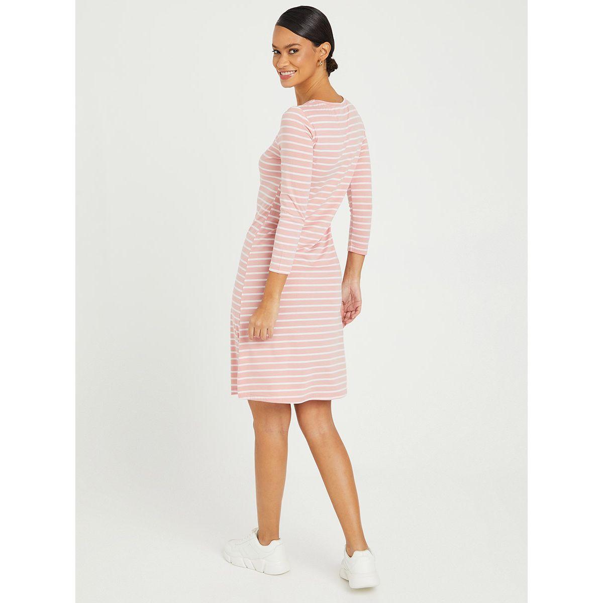 Styli 3/4 Sleeves Striped Round Neck T-shirt Knee Length Dress-women-clothing-dresses-image-4