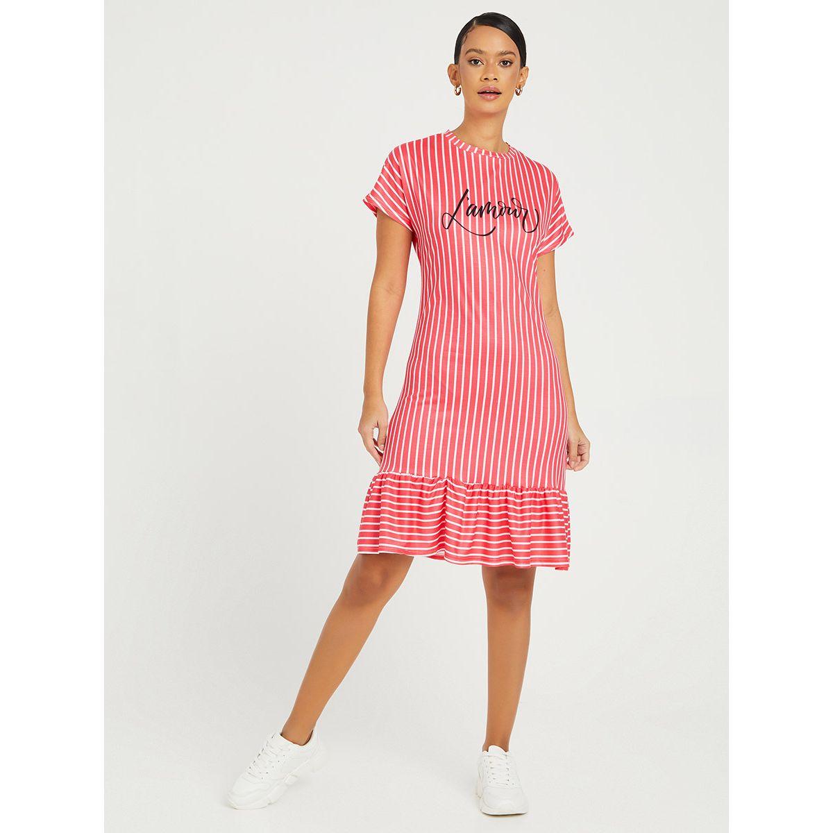 Styli Short Sleeves Striped Slogan Print T-shirt Knee Length Dress-women-clothing-dresses-image-1