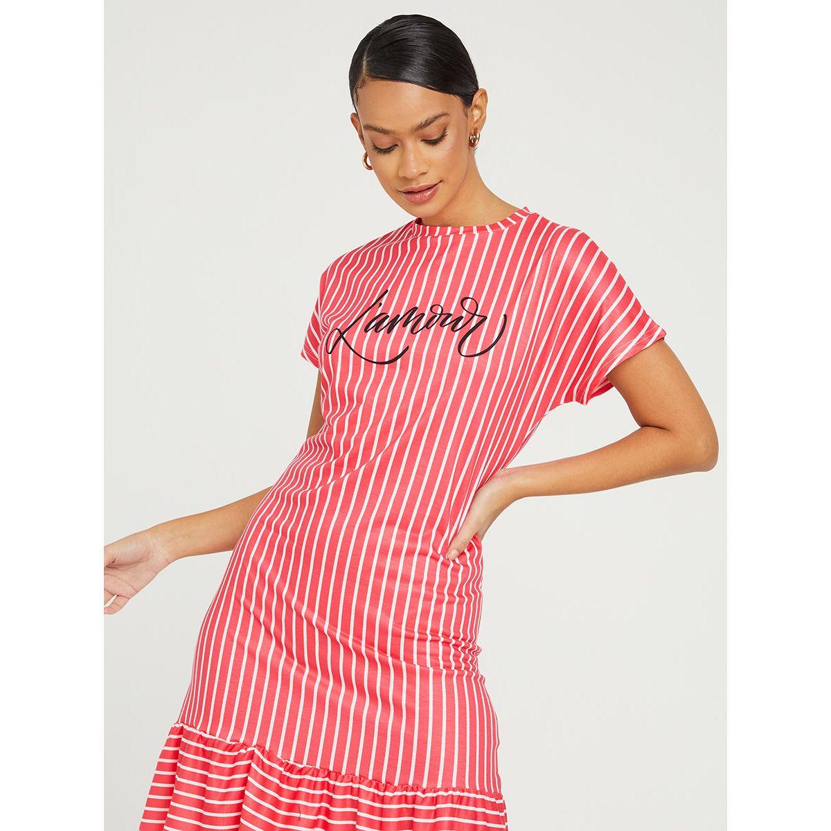 Styli Short Sleeves Striped Slogan Print T-shirt Knee Length Dress-women-clothing-dresses-image-2