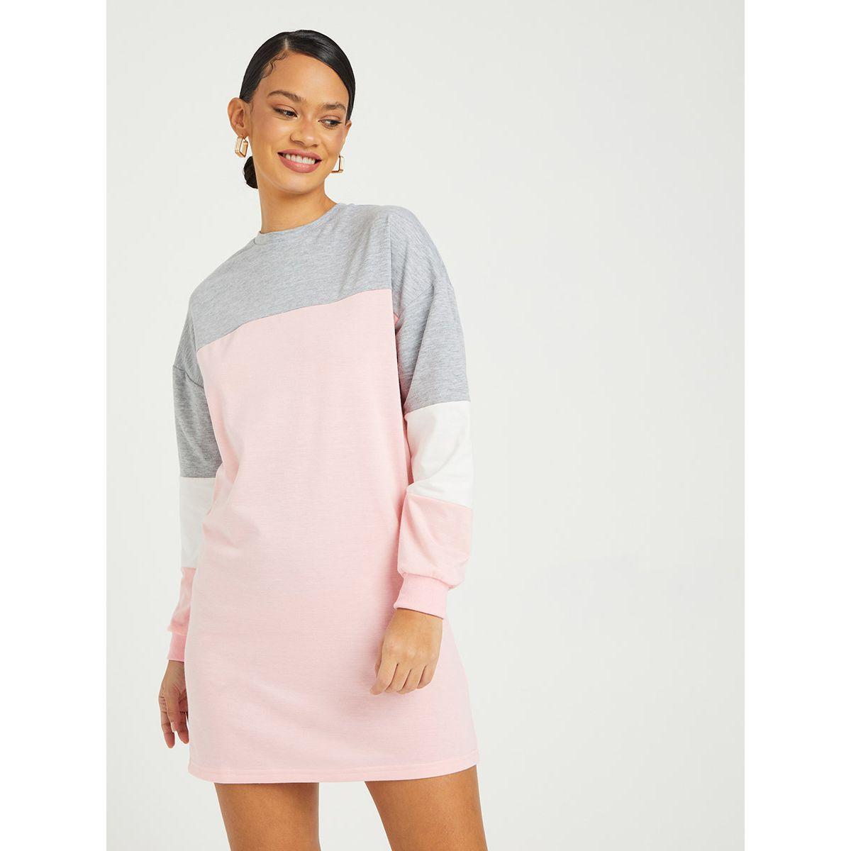 Styli Long Sleeves Colorblock Round Neck T-shirt Mini Dress-women-clothing-dresses-image-1