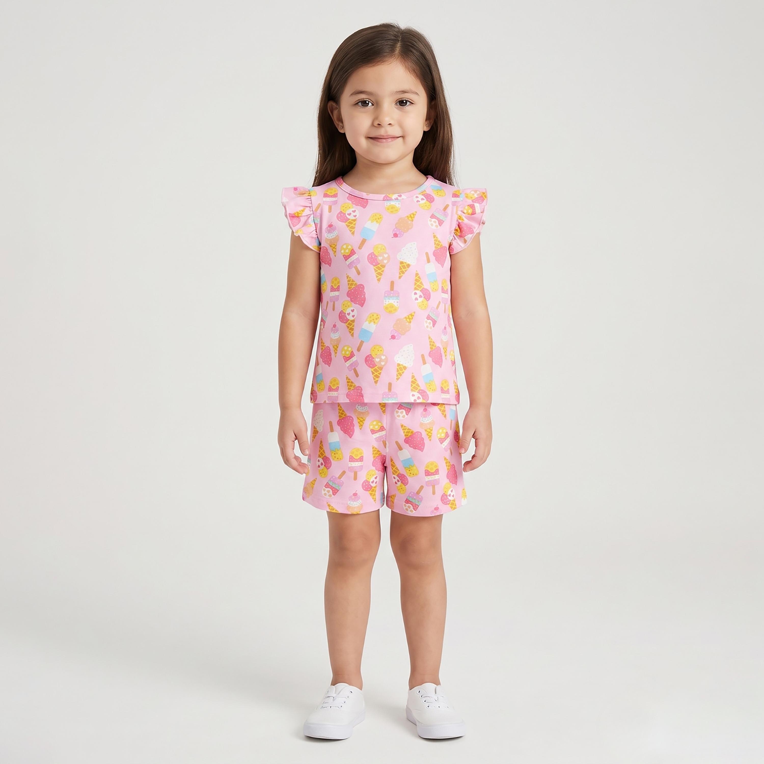 Babyqlo Ice Cream Print Ruffle Sleeves Top & Shorts Set-baby-girls-clothing-setsandcoords-image-1