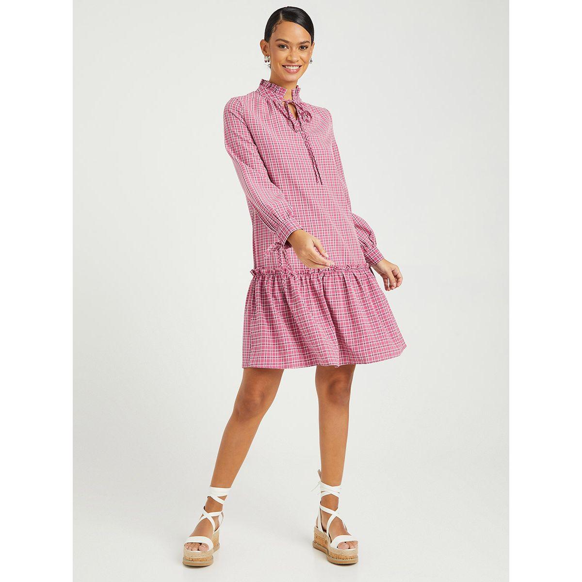 Styli Tie Cuff Long Sleeves Plaid Checked A-Line Mini Dress-women-clothing-dresses-image-2