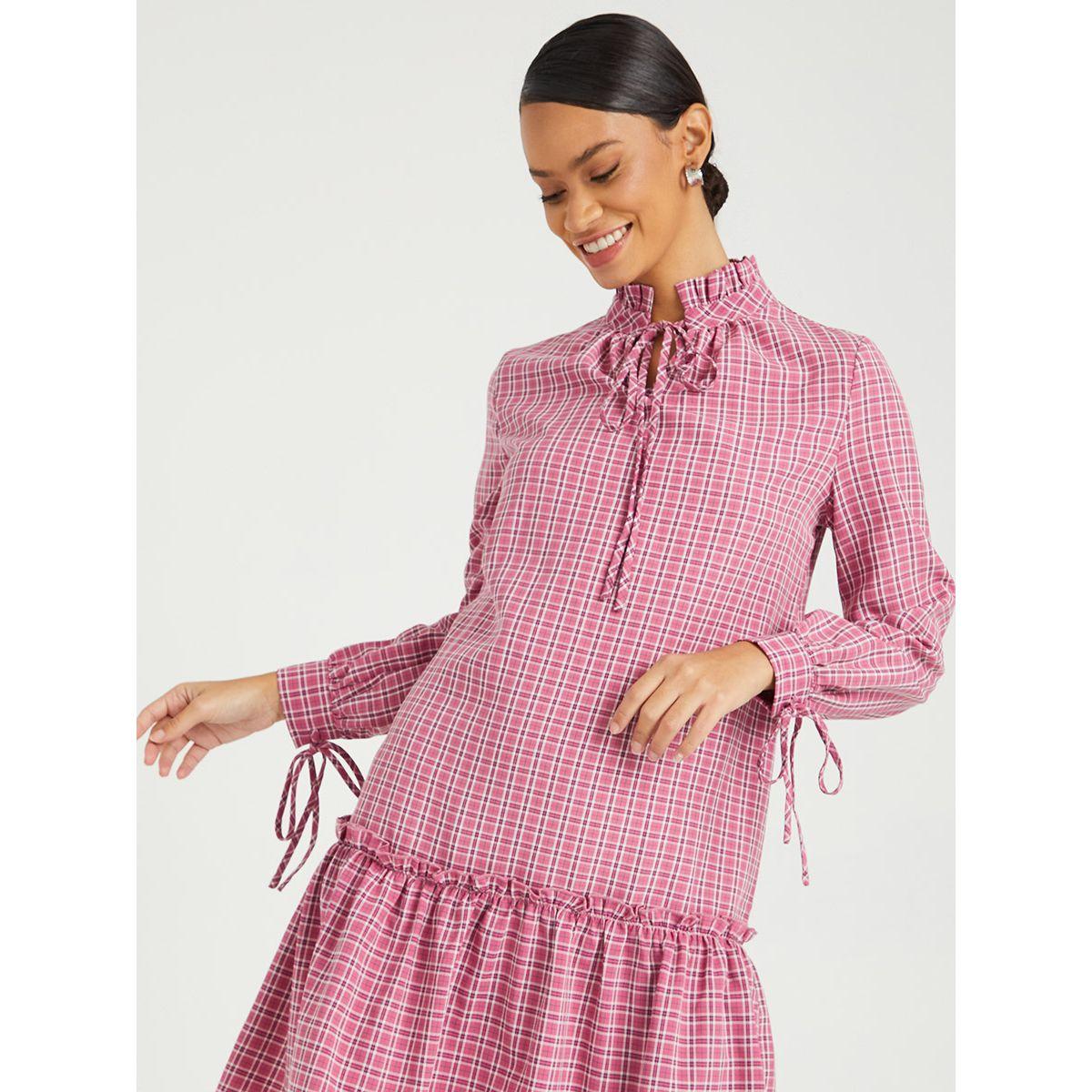 Styli Tie Cuff Long Sleeves Plaid Checked A-Line Mini Dress-women-clothing-dresses-image-3