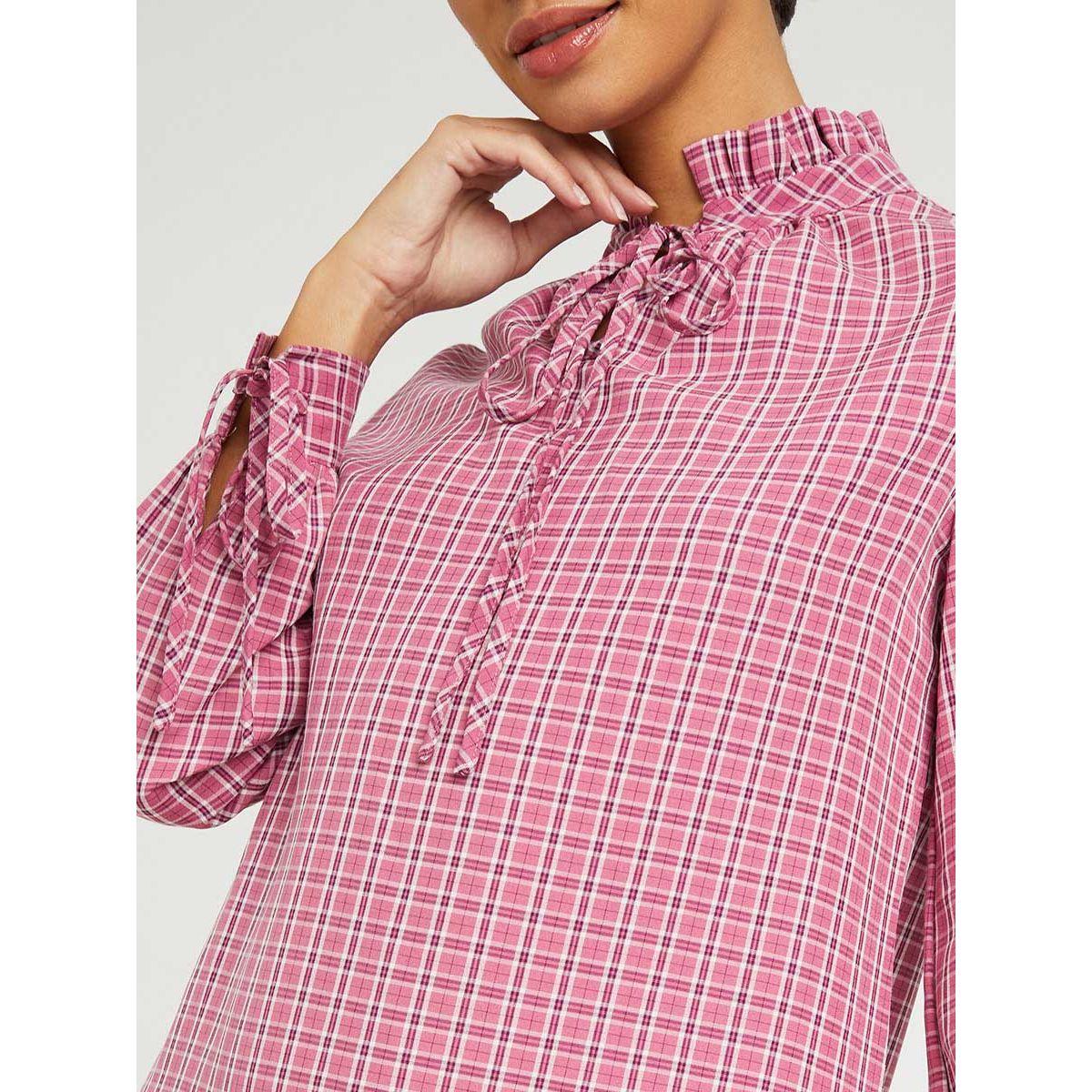 Styli Tie Cuff Long Sleeves Plaid Checked A-Line Mini Dress-women-clothing-dresses-image-4