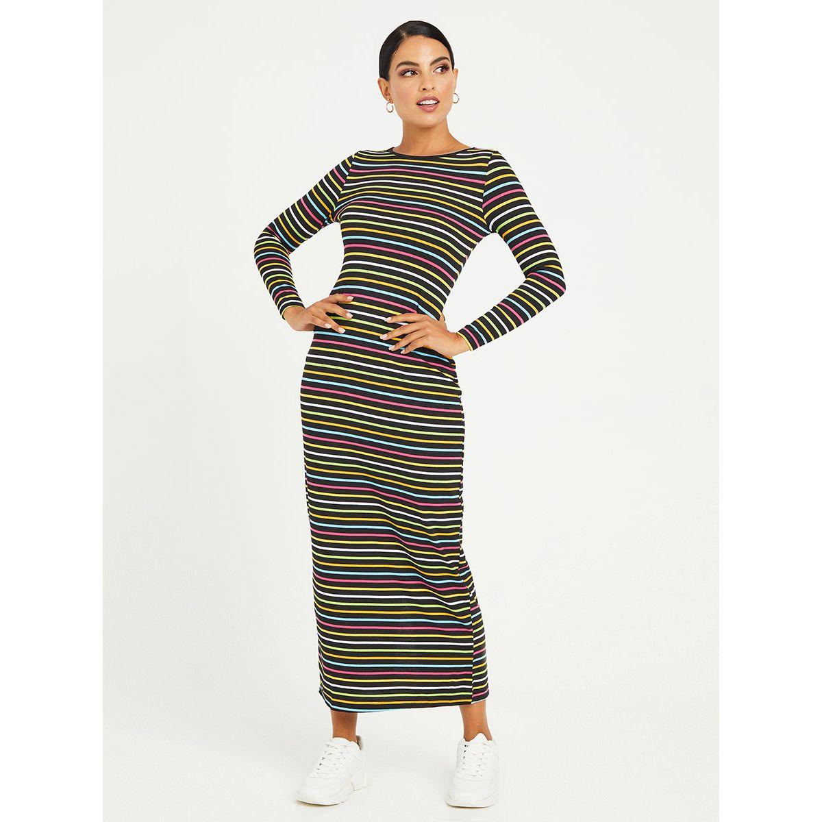 Styli Long Sleeves Striped T-shirt Maxi Dress with Back Split Hem-women-clothing-dresses-image-1