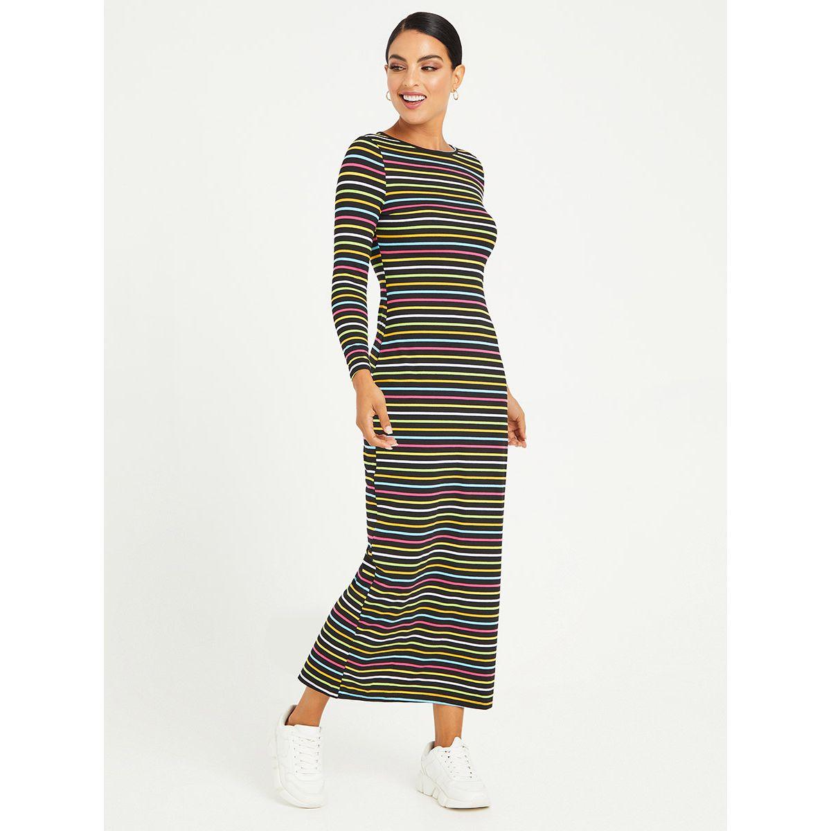 Styli Long Sleeves Striped T-shirt Maxi Dress with Back Split Hem-women-clothing-dresses-image-2