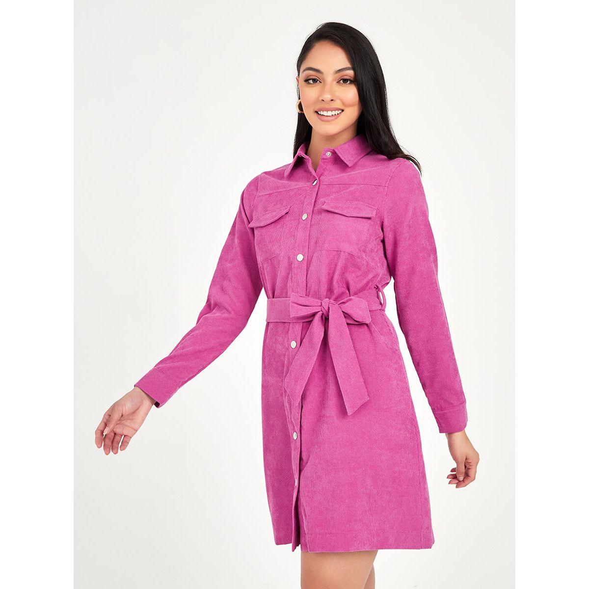 Styli Long Sleeves Pocket Detail Corduroy Shirt Mini Dress with Snap Button-women-clothing-dresses-image-1