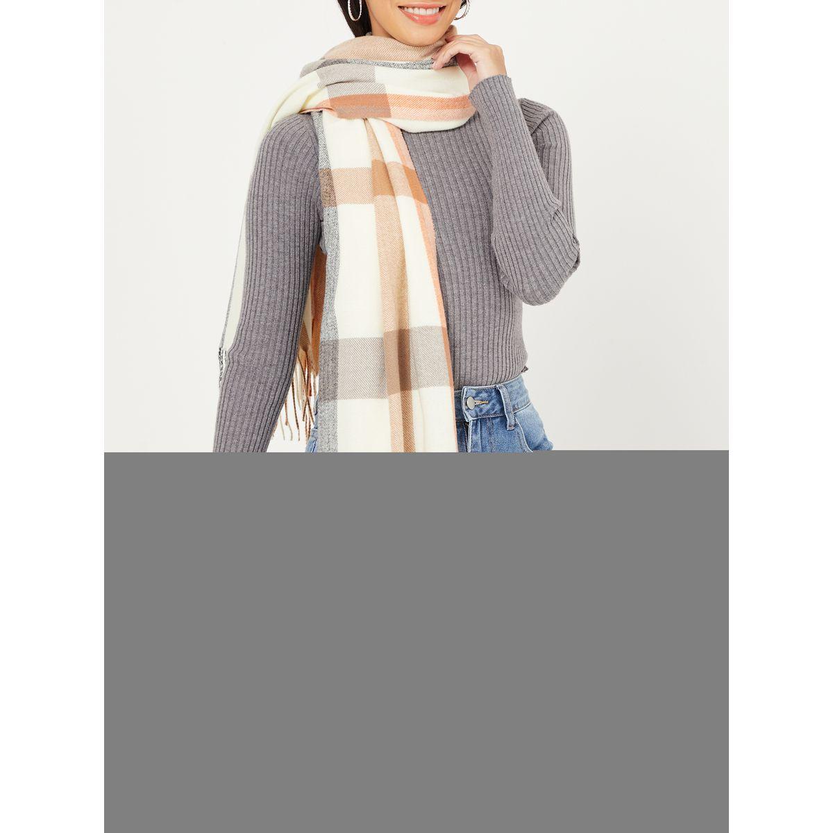 Styli Tassel Edge Oversized Checked Scarf-women-winterwear-scarves-image-2