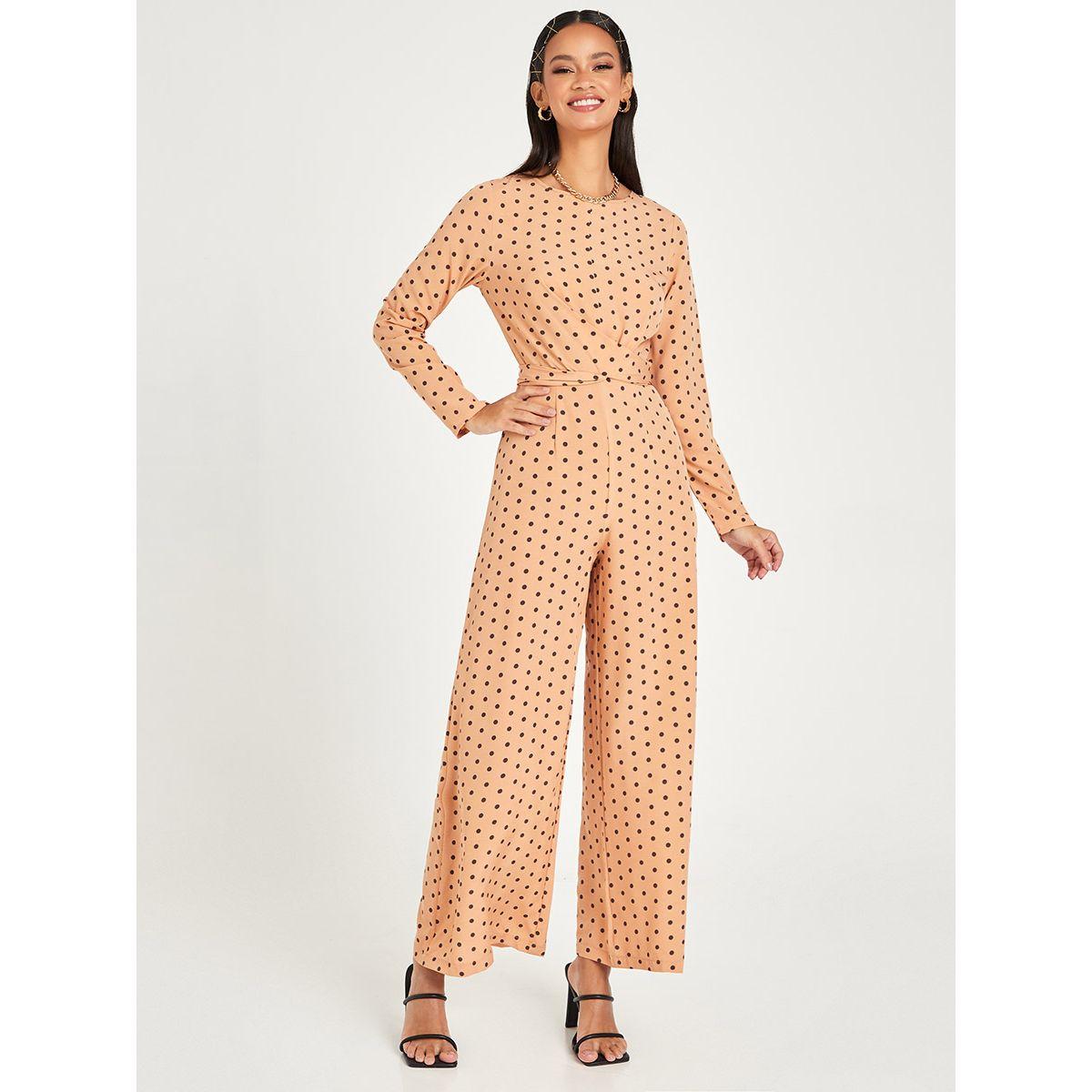Styli Long Sleeves Polka Dot Print Wide Leg Jumpsuit with Waist Tie Up-women-clothing-jumpsuits-image-1