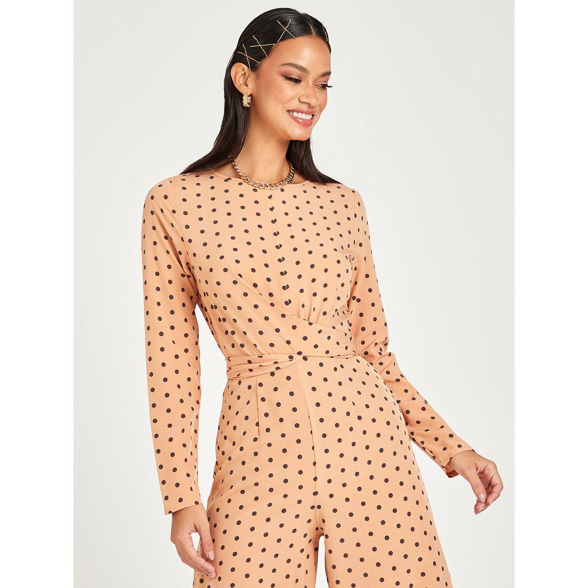 Styli Long Sleeves Polka Dot Print Wide Leg Jumpsuit with Waist Tie Up-women-clothing-jumpsuits-image-2