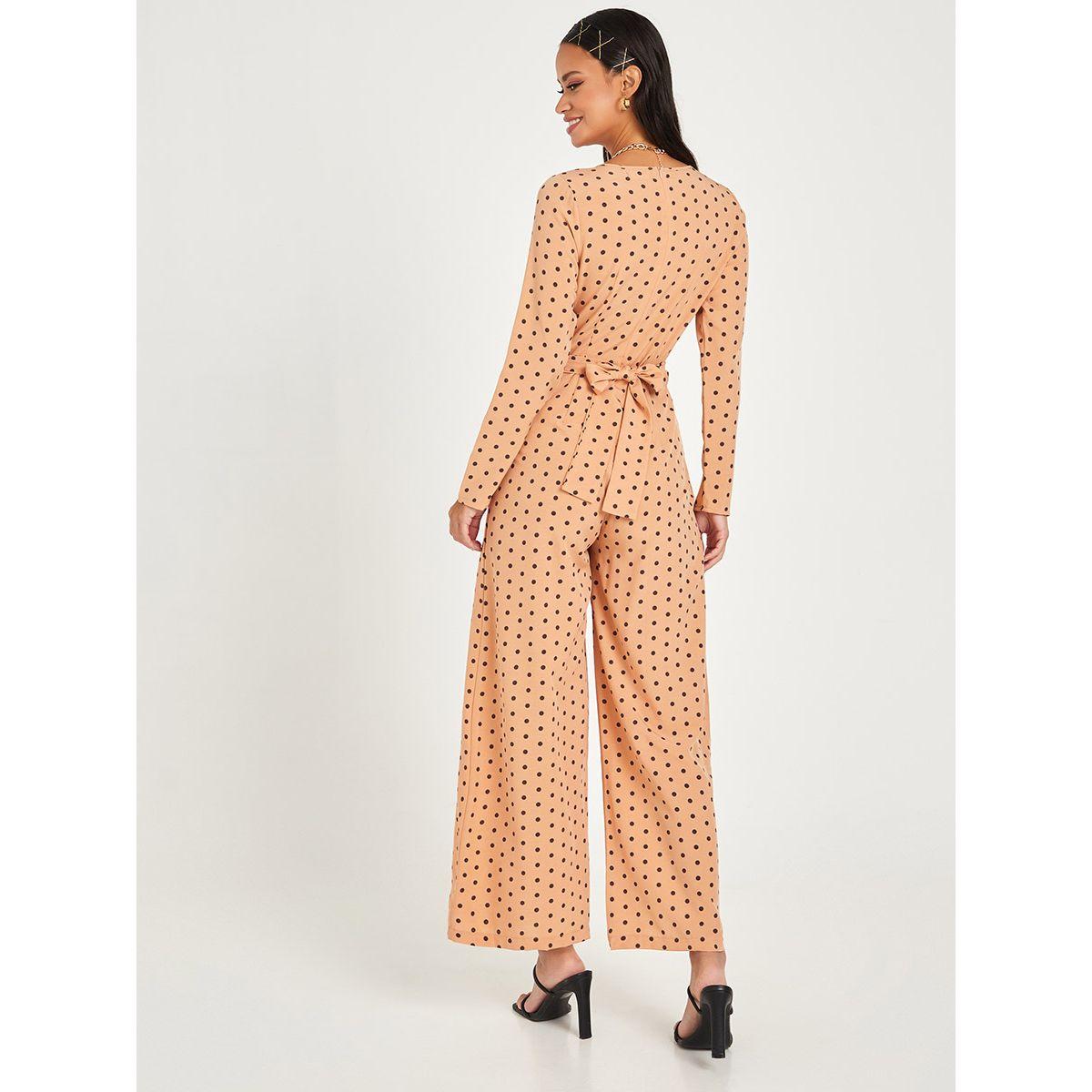 Styli Long Sleeves Polka Dot Print Wide Leg Jumpsuit with Waist Tie Up-women-clothing-jumpsuits-image-4