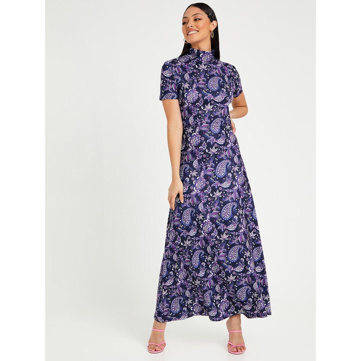 Styli Short Sleeves High Neck Paisley Print A-Line Maxi Dress-women-clothing-dresses-image-1
