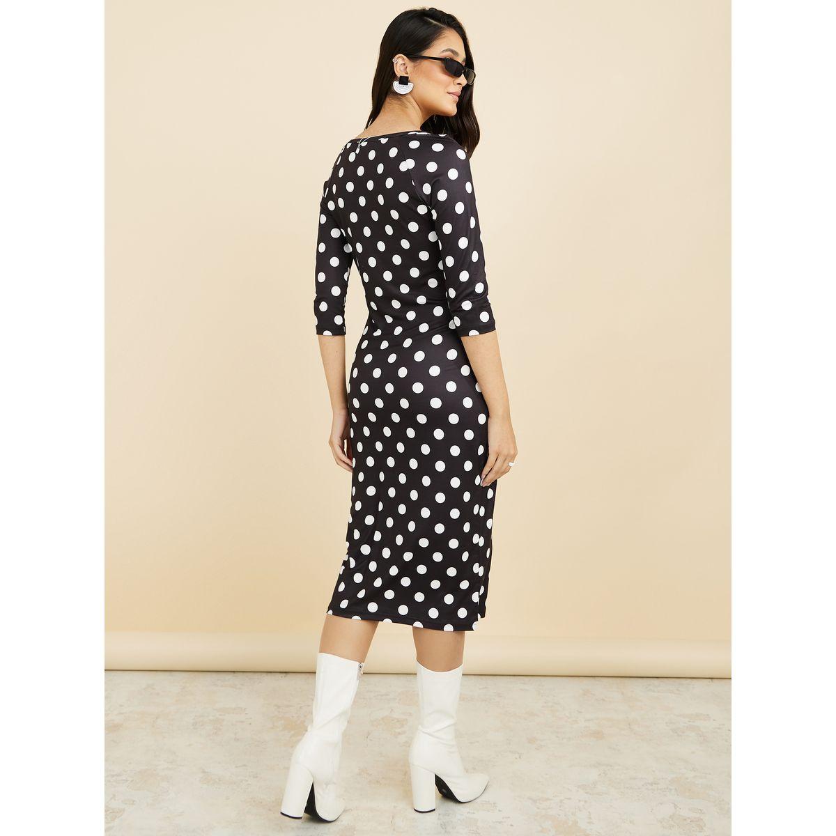 Styli 3/4 Sleeves Square Neck Polka Dot Print Bodycon Midi Dress-women-clothing-dresses-image-4