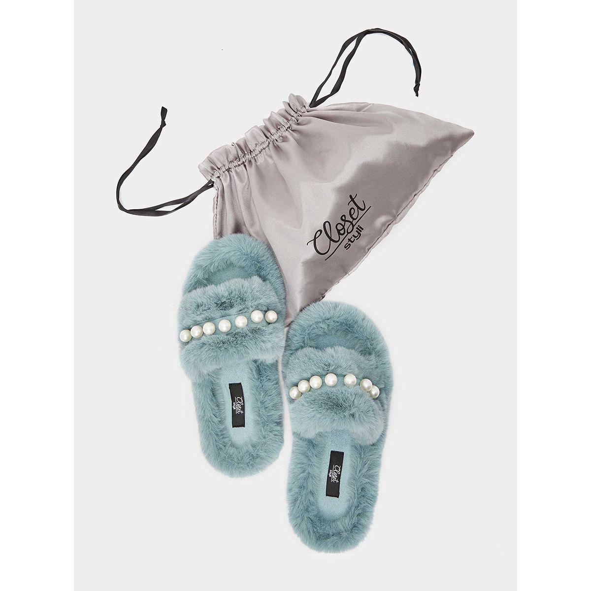 Styli Pearl Detail Faux Fur Bedroom Slippers-women-shoes-bedroomslippers-image-1
