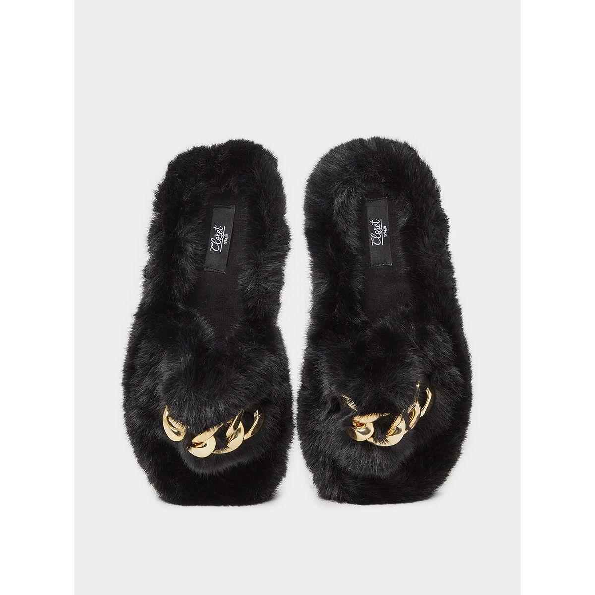 Styli Chain Detail Faux Fur Bedroom Slippers-women-shoes-bedroomslippers-image-6