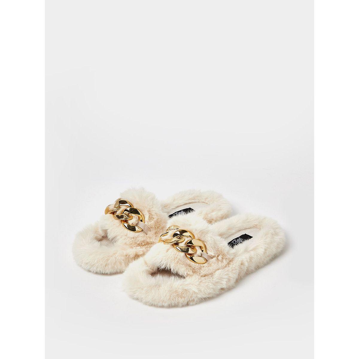 شبشب مزين بفرو اصطناعي و سلسلة من ستايلي-women-shoes-bedroomslippers-image-4