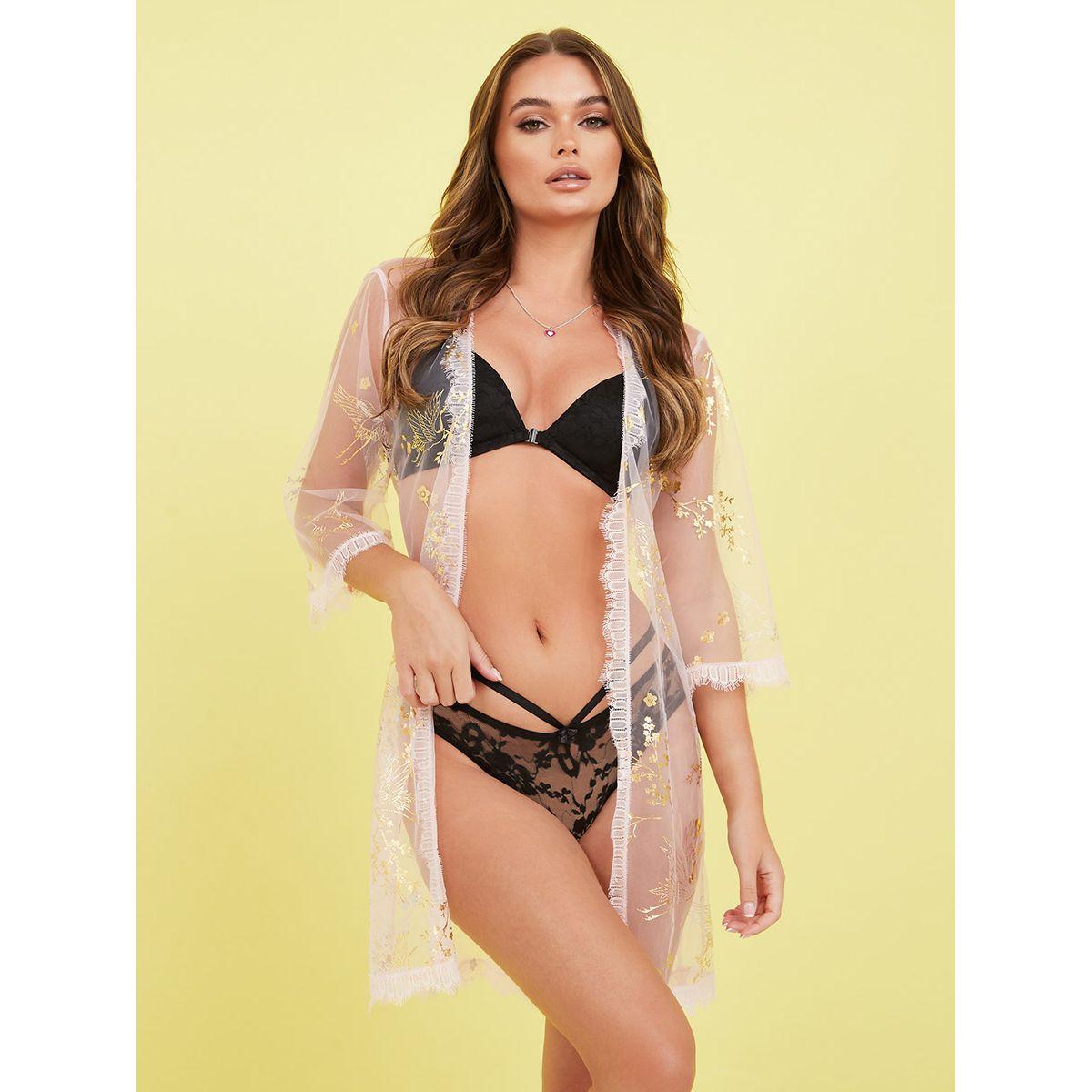 Styli Pack of 3 - Padded Wired Solid Plunge Bra and Bikini with Foil Print Robe Set-women-clothing-lingerie-lingeriesets-image-1