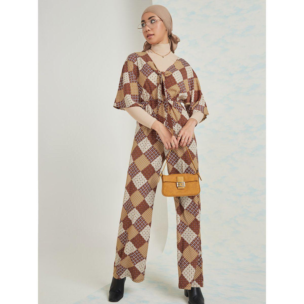 Styli Short Sleeves Plisse Print Wide Leg Jumpsuit with Front Tie Detail-women-clothing-jumpsuits-image-2